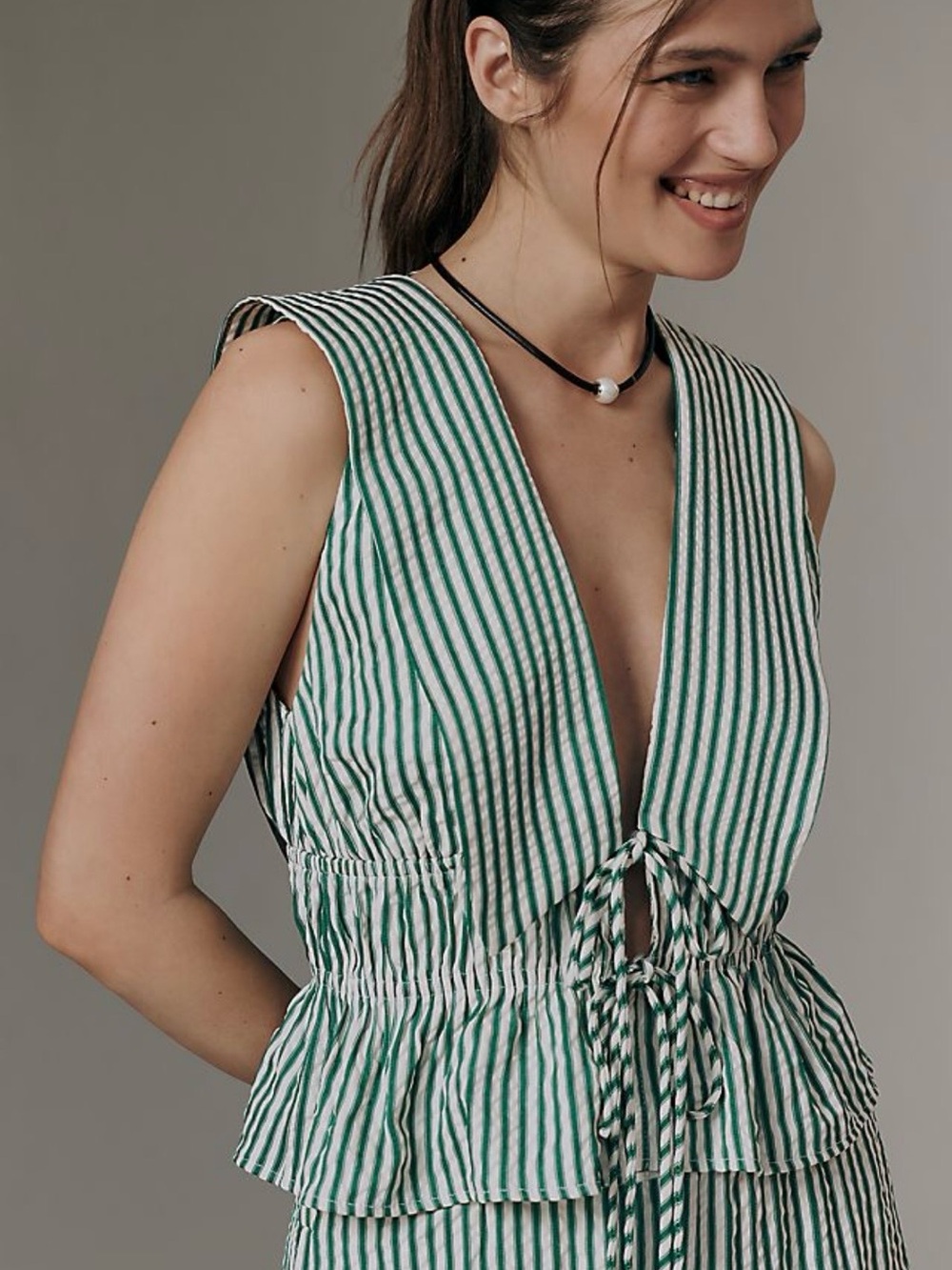 Wayf Green & White Striped Tie-Front Crop Top